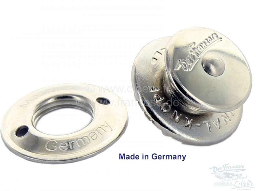 Citroen-2CV - Loxx drukknoop. Bovenste deel op stof. Geniaal eenvoudige snelspanoplossing uitgevonden in