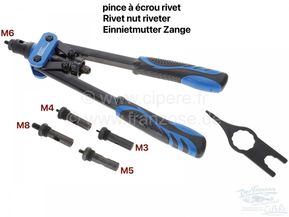 Renault - Klinkmoertang voor M3, M4, M6, M8. Met 2 hefboomarmen (2-handbediening) om de klinknagels 