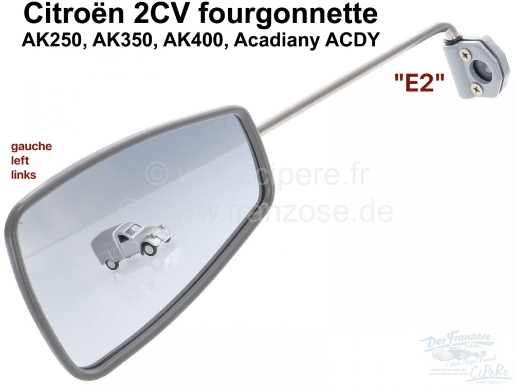 Citroen-2CV - AK/ACDY, spiegel links, reproductie. De spiegelbehuizing is verchroomd!