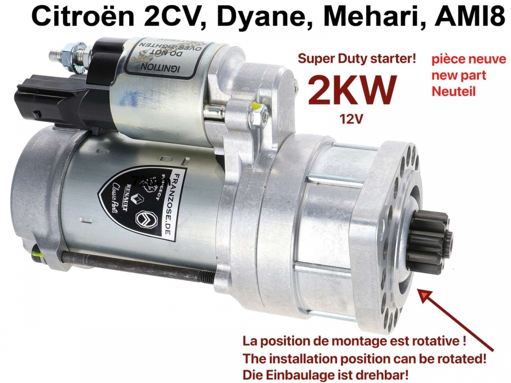 Citroen-2CV - Super Duty starter (2KW!). Geschikt voor Citroen 2CV6, AK, Dyane, Mehari, AMI8 Deze startm