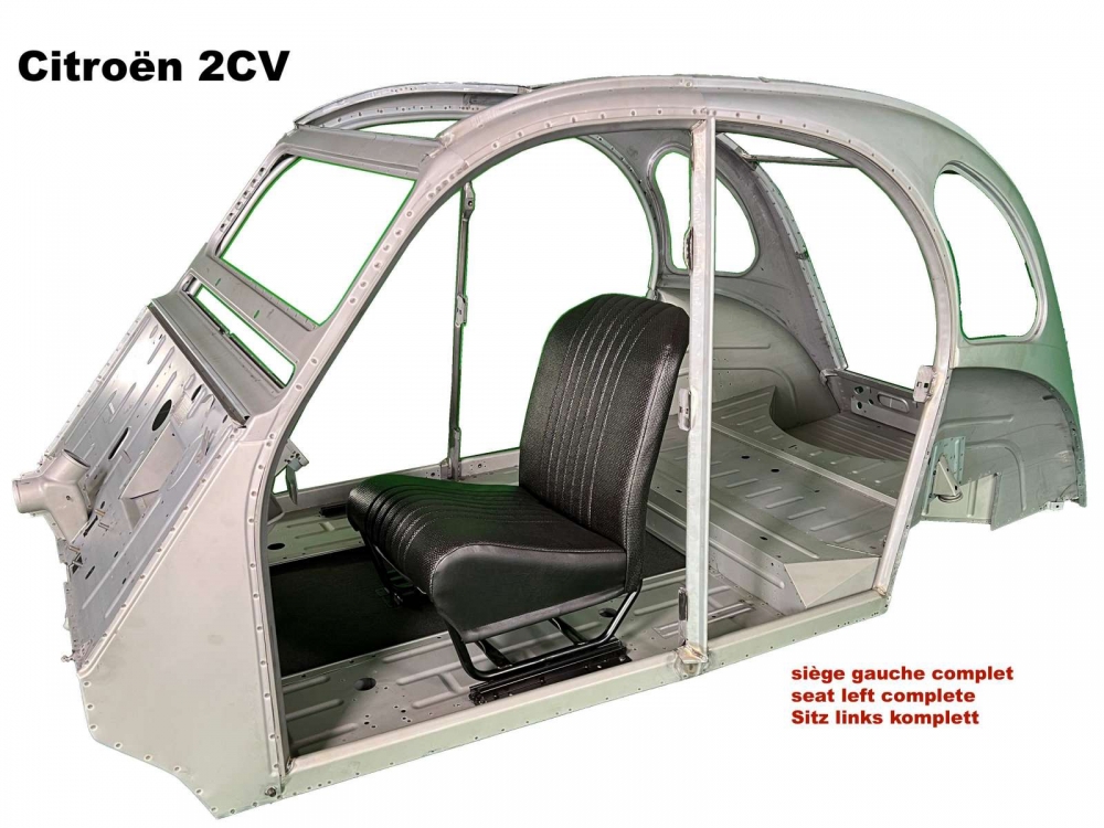 Citroen-2CV - Volledige linkerstoel (symmetrisch), zwart kunstleder (nieuw onderdeel). Ontwerp: het oppe