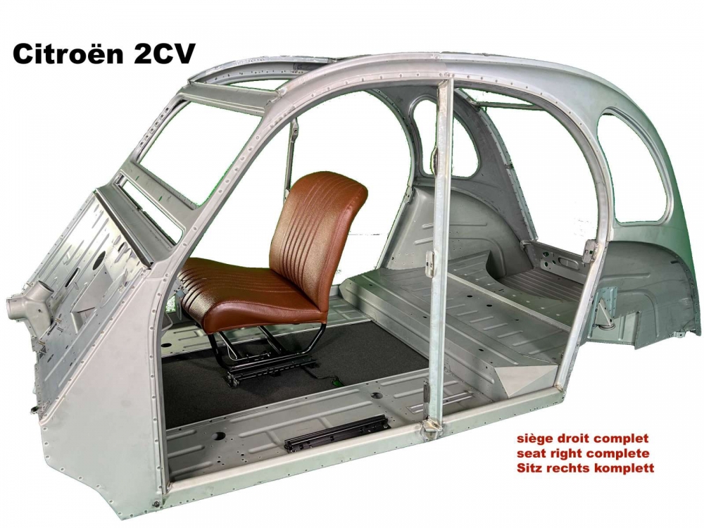 Citroen-2CV - Volledige rechterstoel (symmetrisch), bruin kunstleer (nieuw onderdeel). Ontwerp: het oppe
