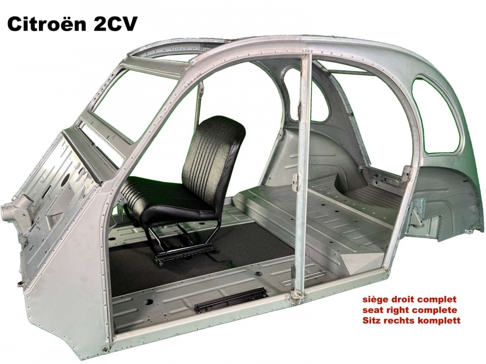 Citroen-2CV - Volledige rechterstoel (symmetrisch), zwart kunstleder (nieuw onderdeel). Ontwerp: het opp