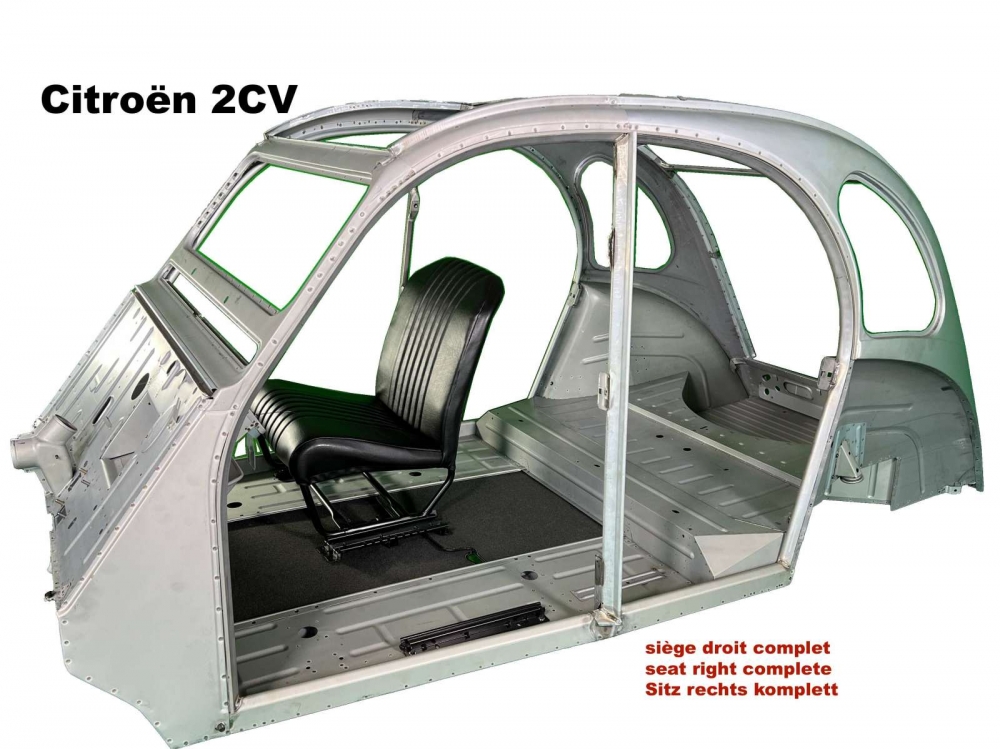 Citroen-2CV - Volledige rechterstoel (symmetrisch), zwart kunstleer (nieuw onderdeel). Ontwerp: het oppe
