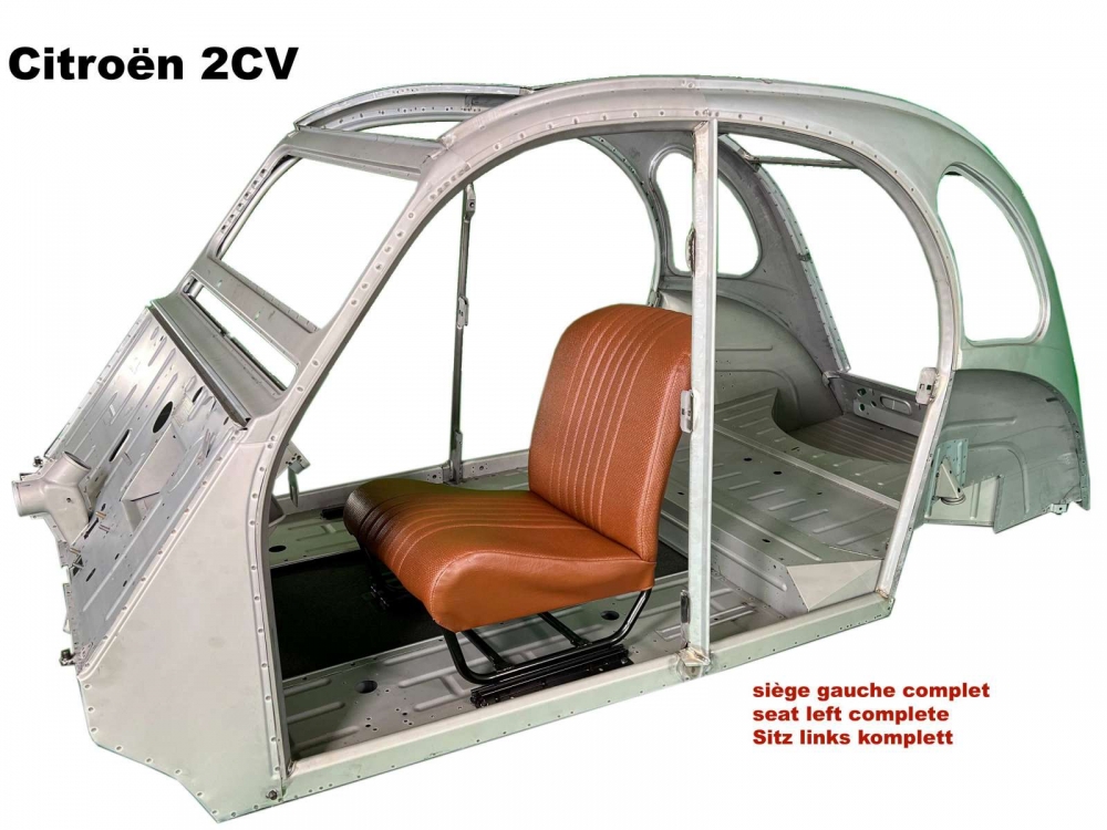 Citroen-2CV - Zitting links compleet (symmetrisch), kunstleer bruin (nieuw onderdeel). Ontwerp: het oppe
