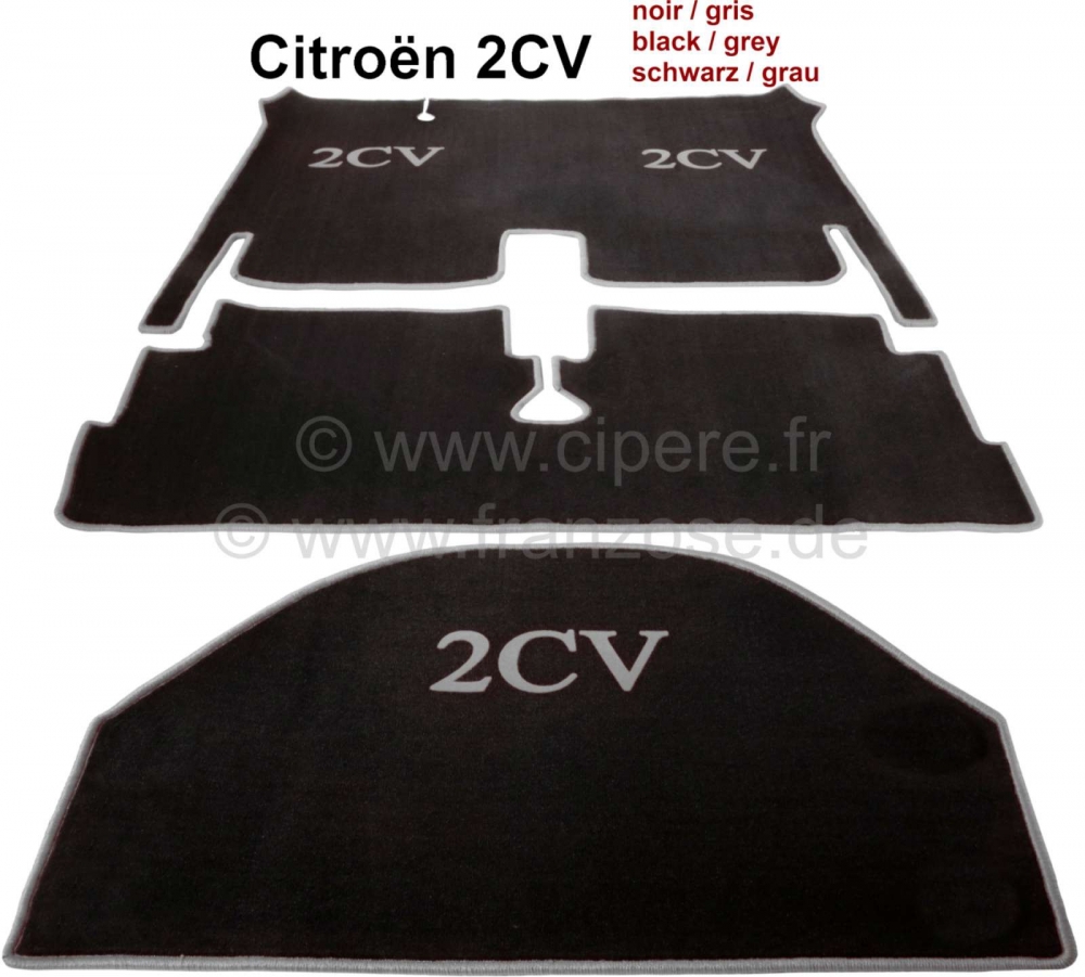 Citroen-2CV - Tapijtset in Exellence velours. Kleur: zwart, grijze rand (omrand), 3-delig. De tapijtset 
