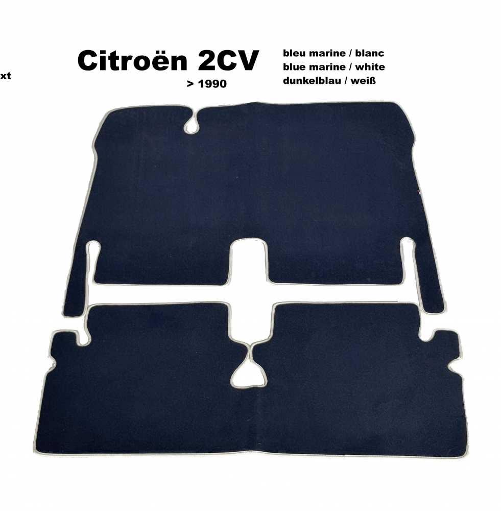 Citroen-2CV - Tapijtset in velours. Kleur: donkerblauw (Bleu marine), omrand in wit (Blanc), 2-delig. De