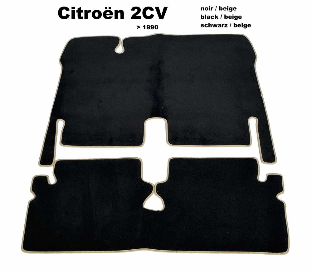 Citroen-2CV - Tapijtset in velours. Kleur: zwart, beige rand, 2-delig. De tapijtset bedekt de hele voetr