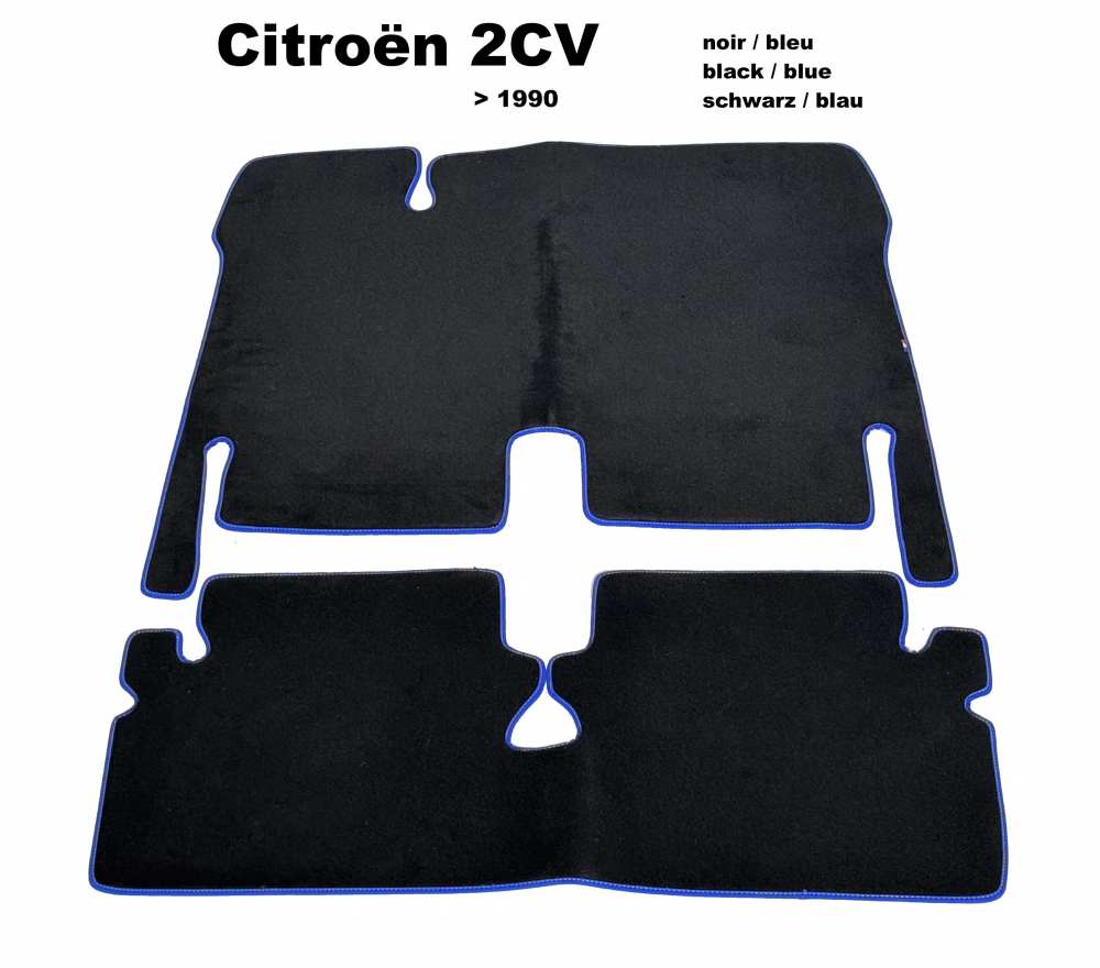 Citroen-2CV - Tapijtset in velours. Kleur: zwart (noir), blauwe (bleu) rand, 2-delig. De tapijtset bedek