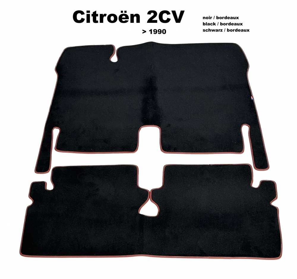 Citroen-2CV - Tapijtset in velours. Kleur: zwart (noir), omrand in donkerrood (bordeaux), 2-delig. De ta