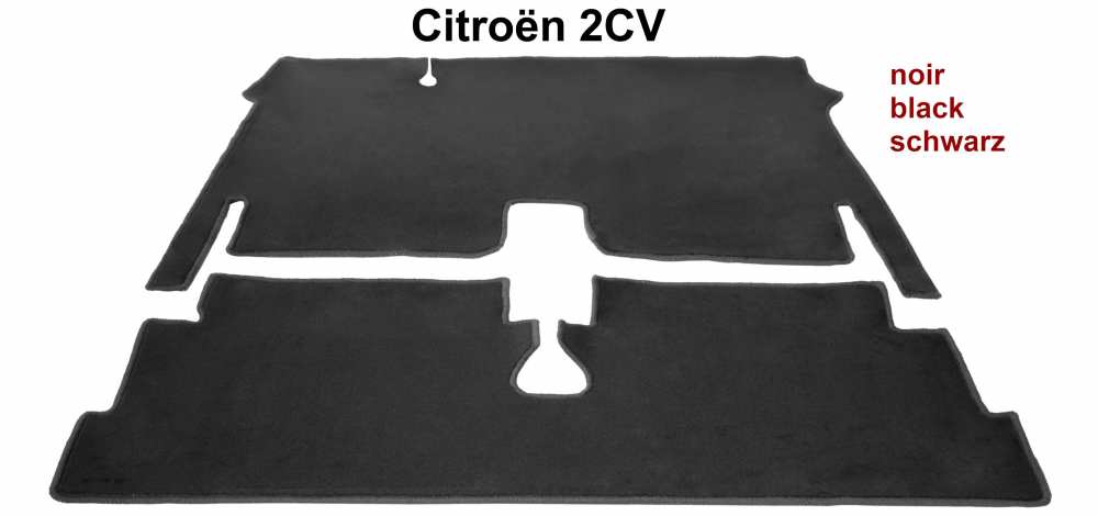 Citroen-2CV - Tapijtset in velours. Kleur: zwart, zwarte rand (omrand), 3-delig. De tapijtset bedekt de 