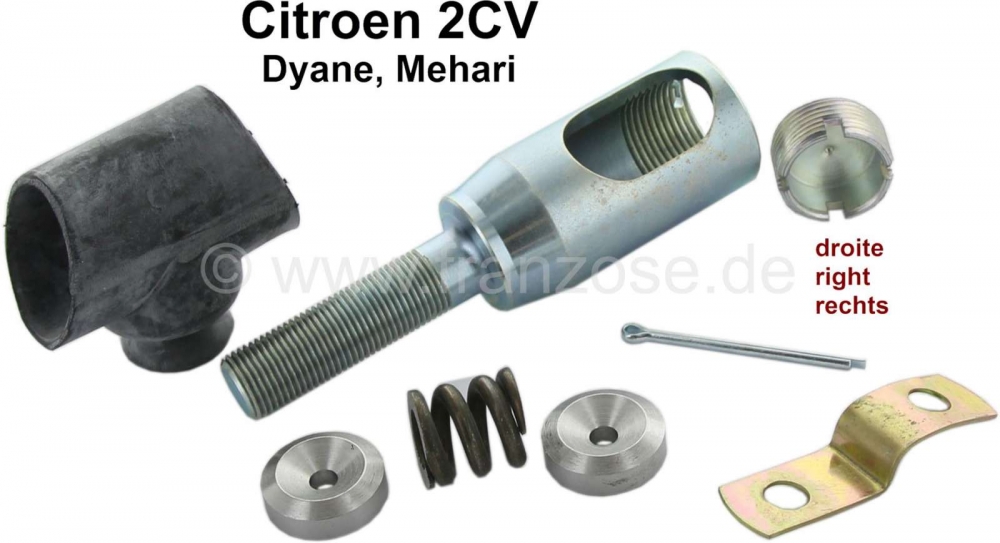 Citroen-2CV - Reparatieset voor trekstangeinde rechts. Inclusief lagerbekers, drukveer, borgmoer, kraag,