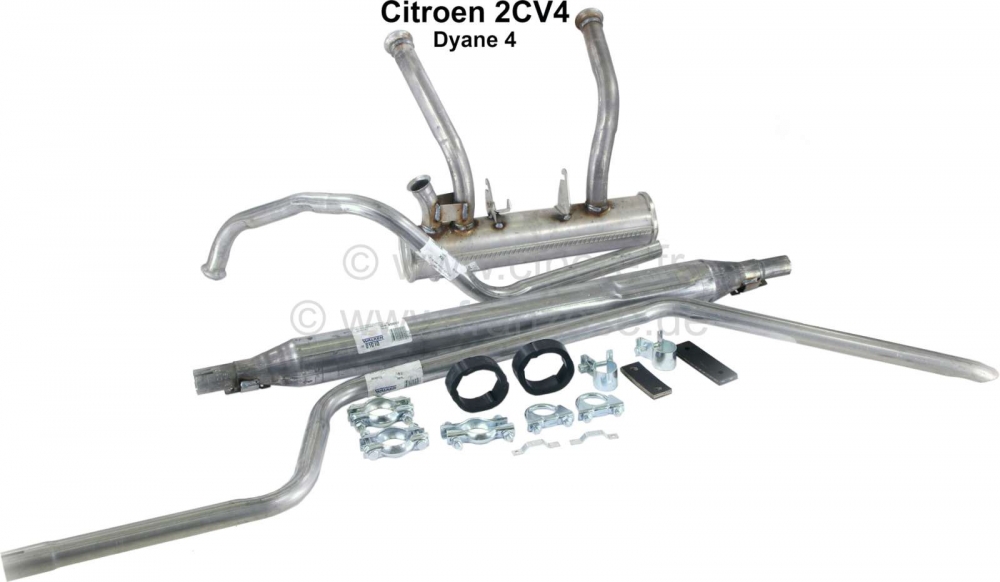 Citroen-2CV - 2CV4, uitlaatsysteem compleet met bevestigingsmateriaal. Geschikt voor Citroen 2CV4 + Dyan