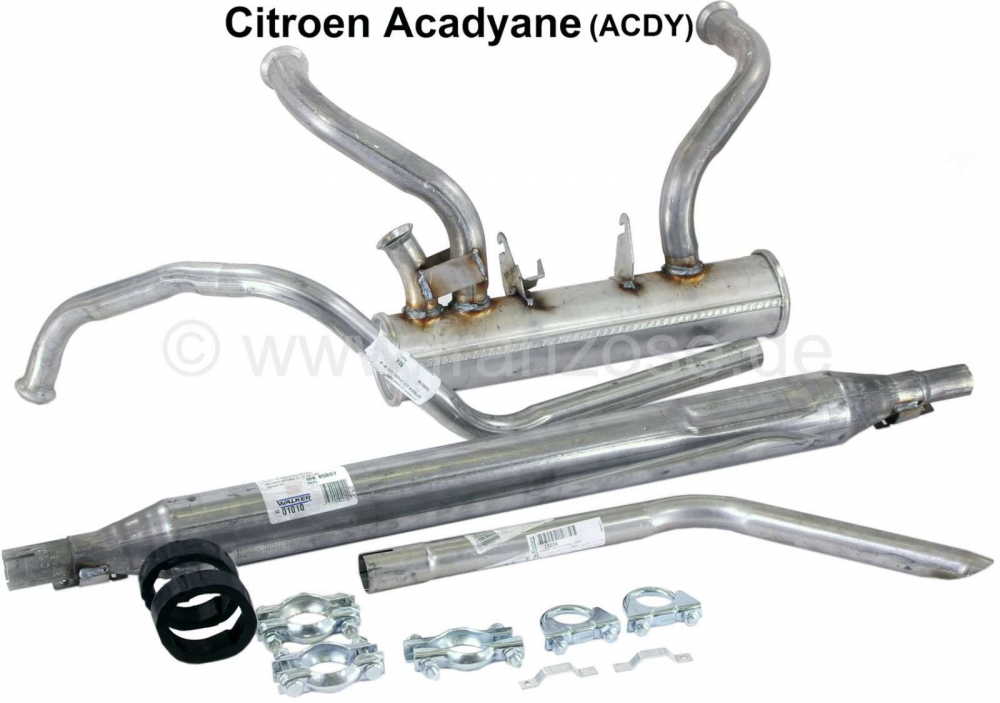 Citroen-2CV - ACDY, uitlaatsysteem compleet met bevestigingsmateriaal. Geschikt voor Citroen Acadyane. G