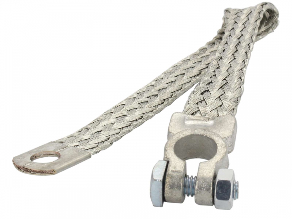 Renault - Massakabel (massariem van de accu), met accupoolklem en ringtong. Lengte: 300 mm. Kabeldoo