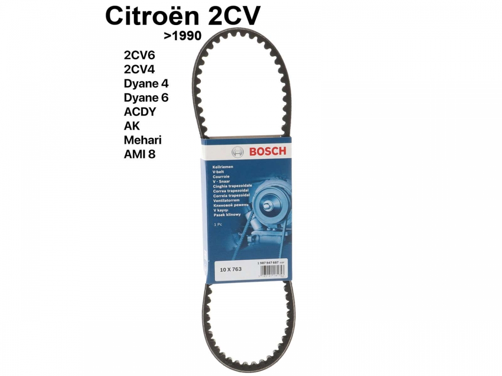 Citroen-2CV - V-riem 9.5x762mm. Geschikt voor Citroen 2CV6 + 2CV4, tot bouwjaar 1990, merknaam BOSCH.