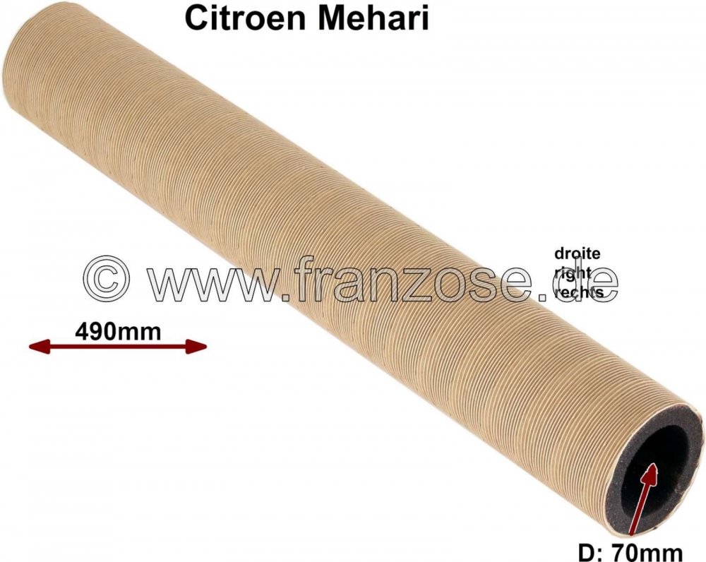 Sonstige-Citroen - Verwarmingsslang, rechts, voor Citroen Mehari. Diameter 70mm, 490mm lang, gevoerd met 10mm