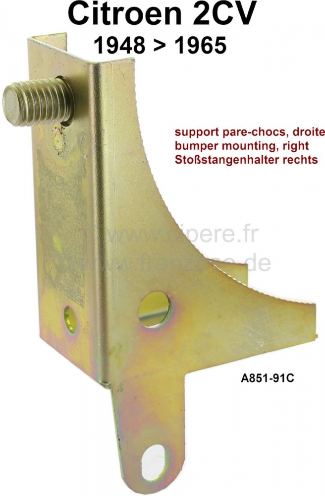 Citroen-2CV - Bumpersteun rechtsvoor. Geschikt voor Citroen 2CV + AZU, van 1948 tot 1965, Bestelnr. A851