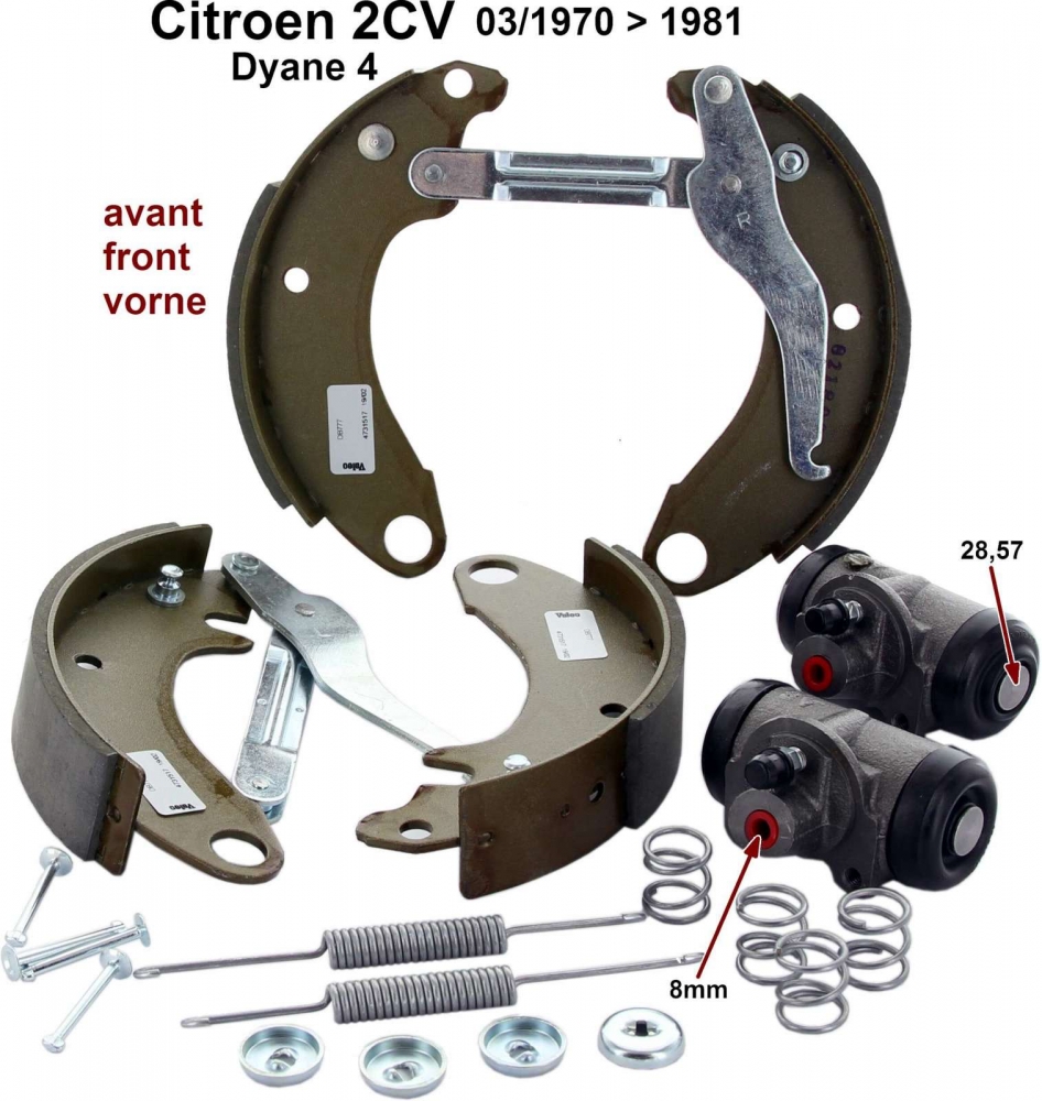 Citroen-2CV - Remschoenset voor, met wielremcilinders (zuiger 28,57mm). Geschikt voor Citroen 2CV4 + 2CV