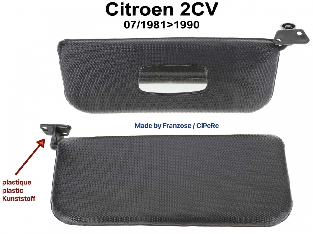 Citroen-2CV - Zonneklep links + rechts (1 paar). Getrouwe reproductie met de plastic houders. Overgang v