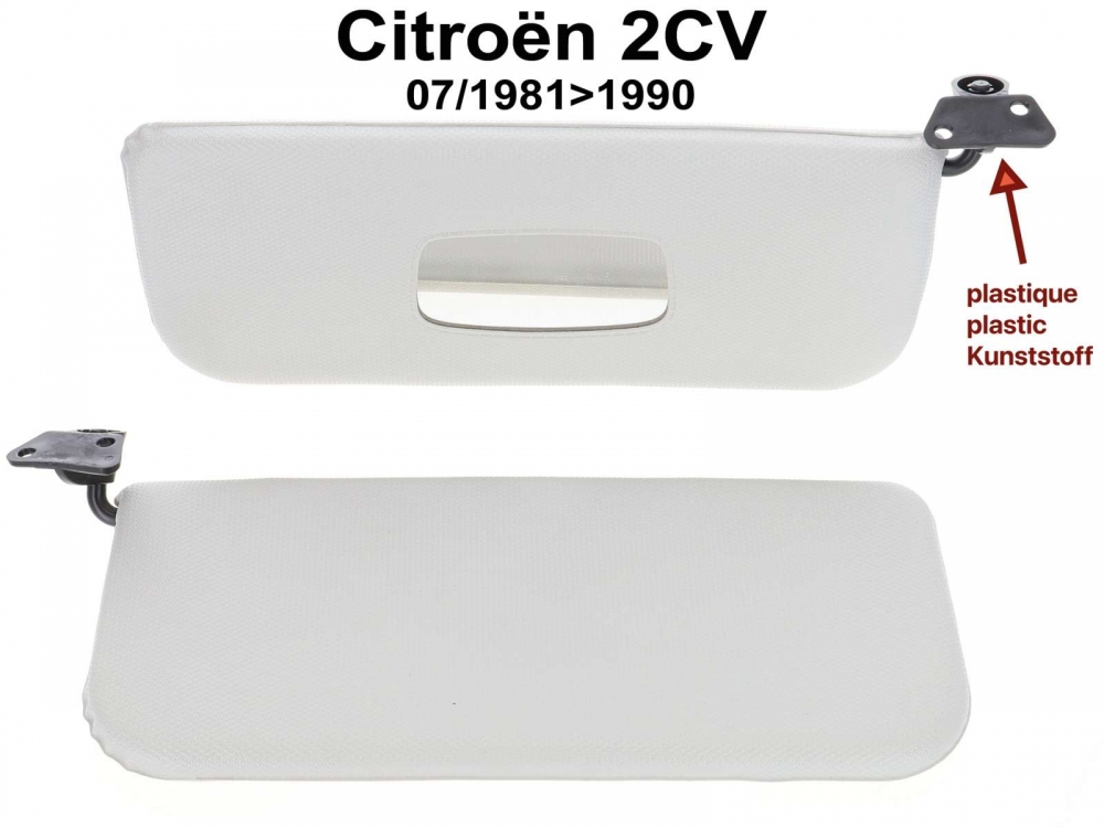 Citroen-2CV - Zonneklep links + rechts (1 paar). Getrouwe reproductie met de plastic houders. Overgang v