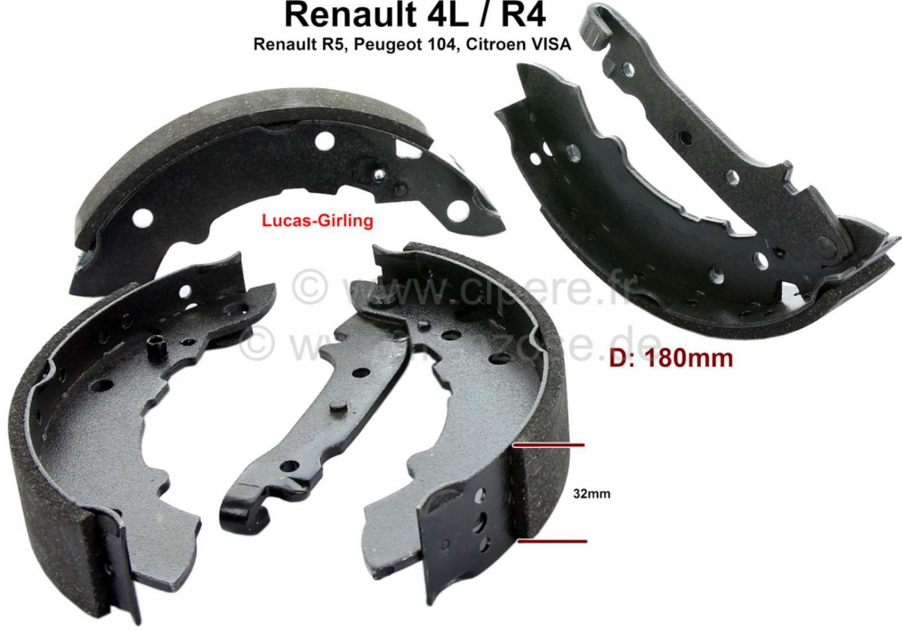 Renault - Remschoenen achter (1 set). Remsysteem: Lucas-Girling. Geschikt voor Renault R4, R5. Peuge