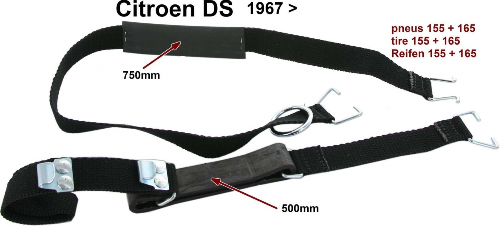 Citroen-DS-11CV-HY - Reservewielbevestigingsband (750 mm + 500 mm) gemaakt van katoen. Voor banden: 155 + 165 x
