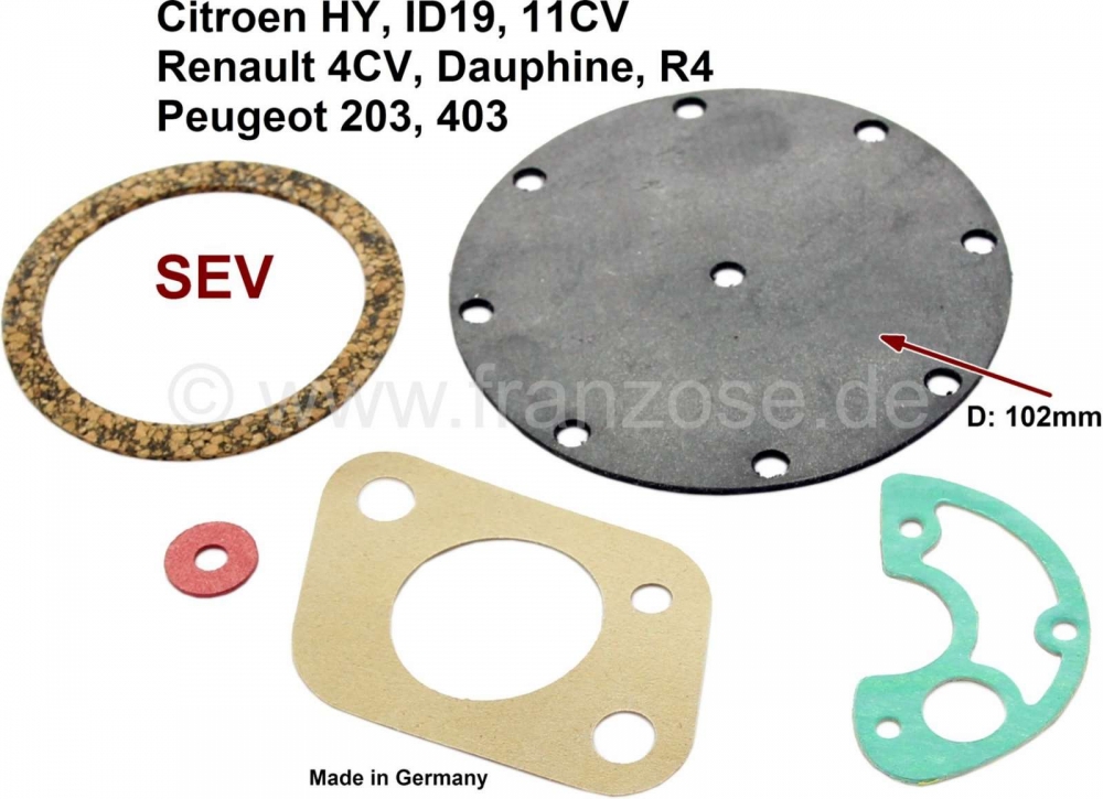 Alle - Reparatieset benzinepomp (SEV). Diameter membraan: 102mm. Geschikt voor Citroen 11CV, 15CV