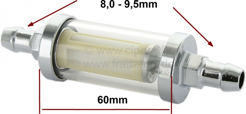 Alle - Universeel benzinefilter. Verchroomd metaal, met kijkglas. Voor benzineslang met 8-9,5 mm 