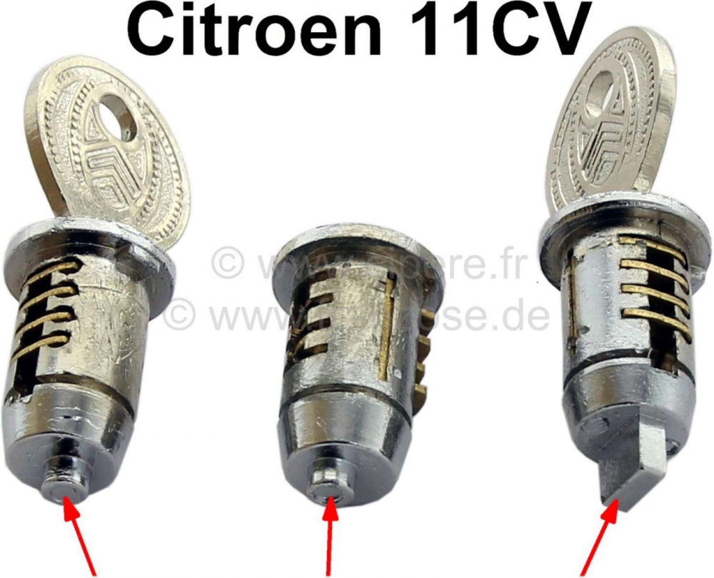 Citroen-DS-11CV-HY - Set slotcilinders voor 2 deuren + 1x contactslot, voor Citroen 11CV, van 1952-57.