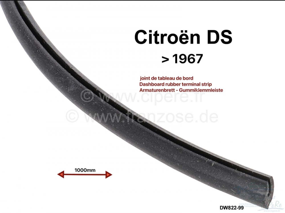 Citroen-DS-11CV-HY - Rubberen klemstrip voor dashboard. Geschikt voor Citroen DS, tot modeljaar 1967. Voorkomt 