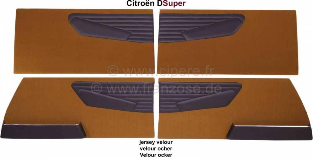Sonstige-Citroen - DS Super, portierbekleding set (4 stuks). Okergeel velours met zwart imitatieleer. De kaar
