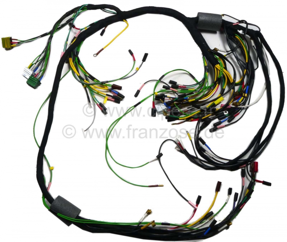 Citroen-DS-11CV-HY - Hoofdkabelboom. Exportversie. Accu links. Achteruitrijlicht. 6x zekering links, 2x zekerin