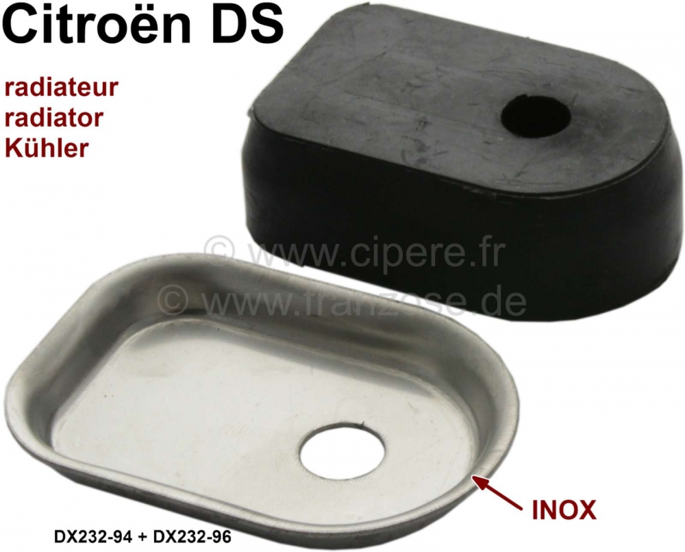 Citroen-DS-11CV-HY - Radiatorbevestigingsrubber (silent rubber 40 x 62mm) met roestvrijstalen plaat (centreerpl