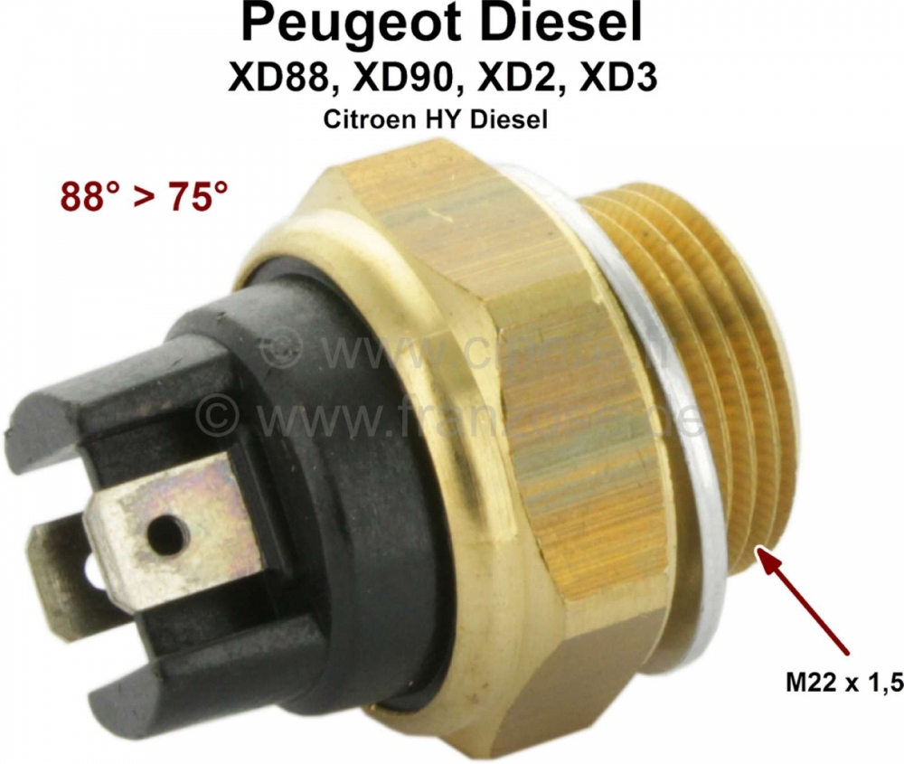 Peugeot - Schakelaar koelwatertemperatuur. 88°-75°. Schroefdraad: M22x1,5, geschikt voor Peugeot d