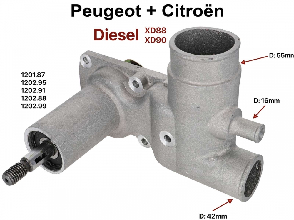 Peugeot - Waterpomp, geschikt voor Citroen HY Diesel. Peugeot 505, J7, J9 diesel. De twee kleine aan