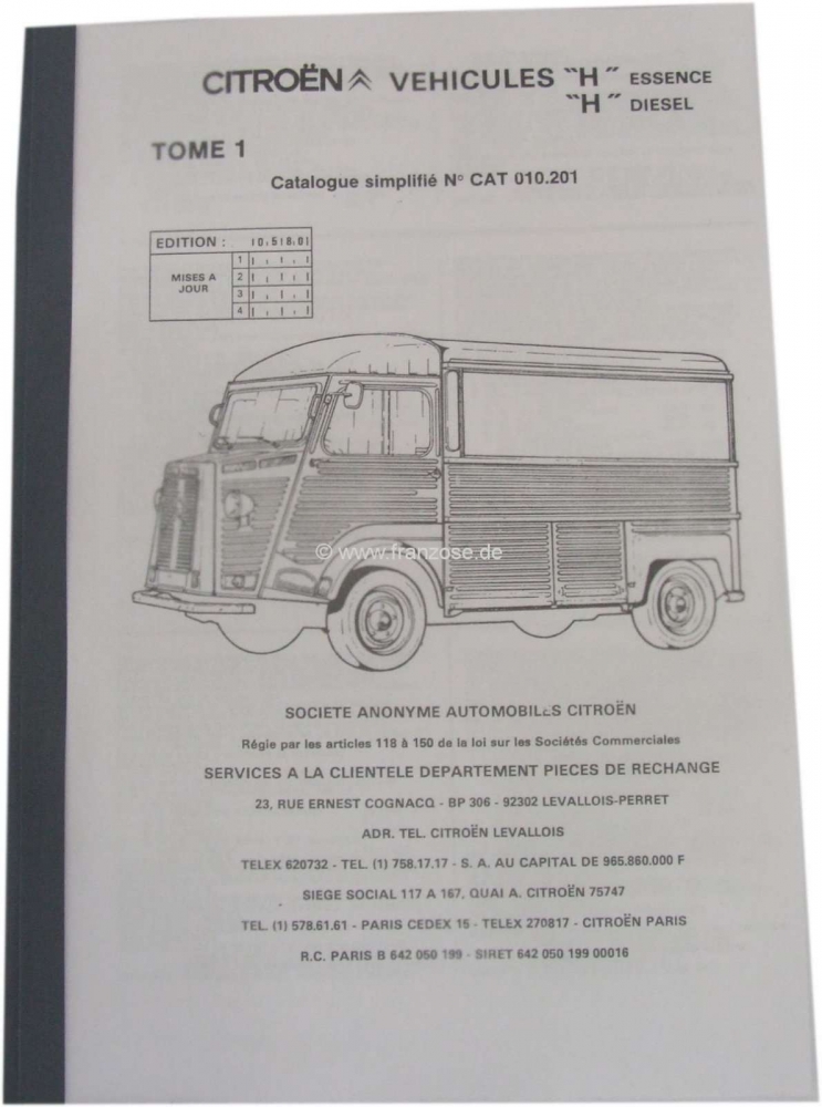 Citroen-DS-11CV-HY - Onderdelencatalogus, voor Citroen HY Essence + Diesel. Vereenvoudigde catalogus, uitgave 1