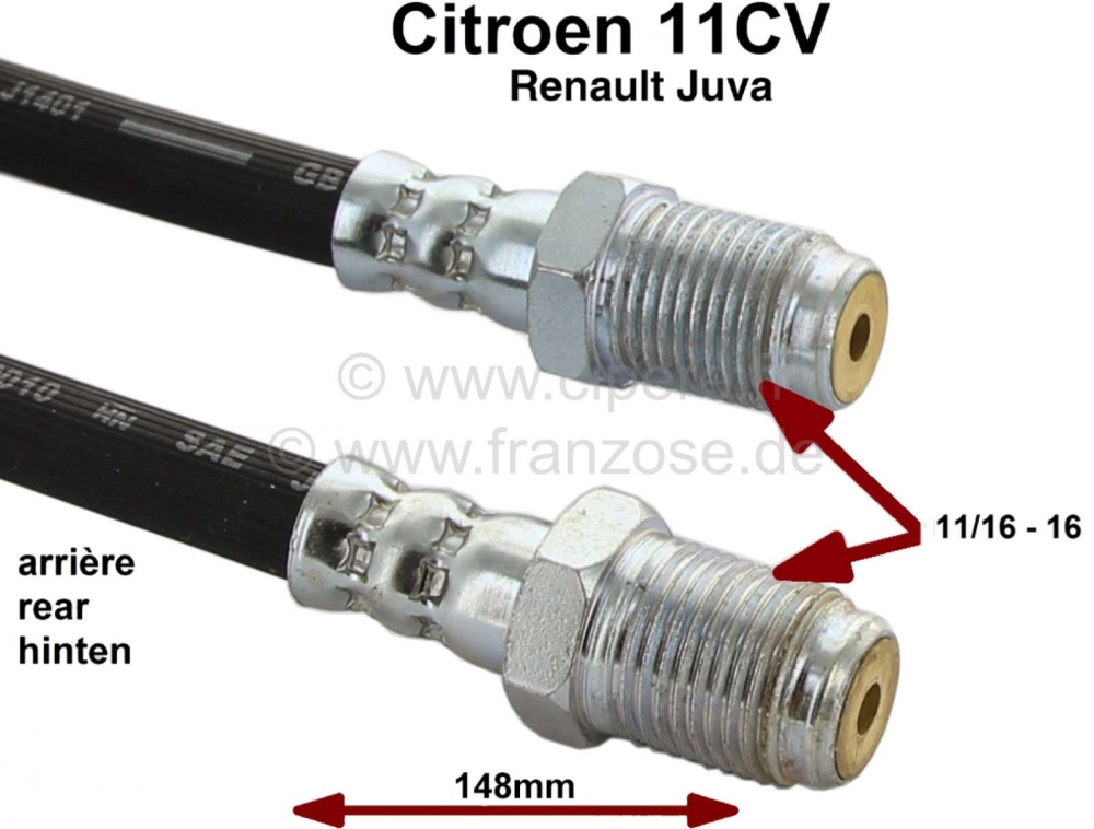 Citroen-DS-11CV-HY - Achterremslang, geschikt voor Citroen 11CV, tot 1957, Renault Juva achter. Schroefdraad: 1