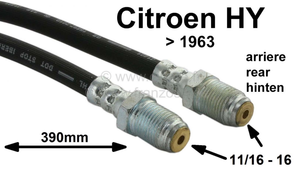 Citroen-DS-11CV-HY - Achterremslang, geschikt voor Citroen HY, tot bouwjaar 1963. lengte: 380mm. Schroefdraad: 