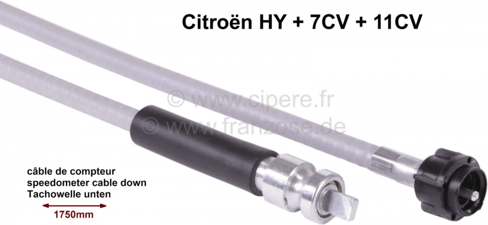 Citroen-DS-11CV-HY - Snelheidsmeter kabel onderkant. Geschikt voor Citroen HY. Citroën 7CV + 11CV. Lengte: 175