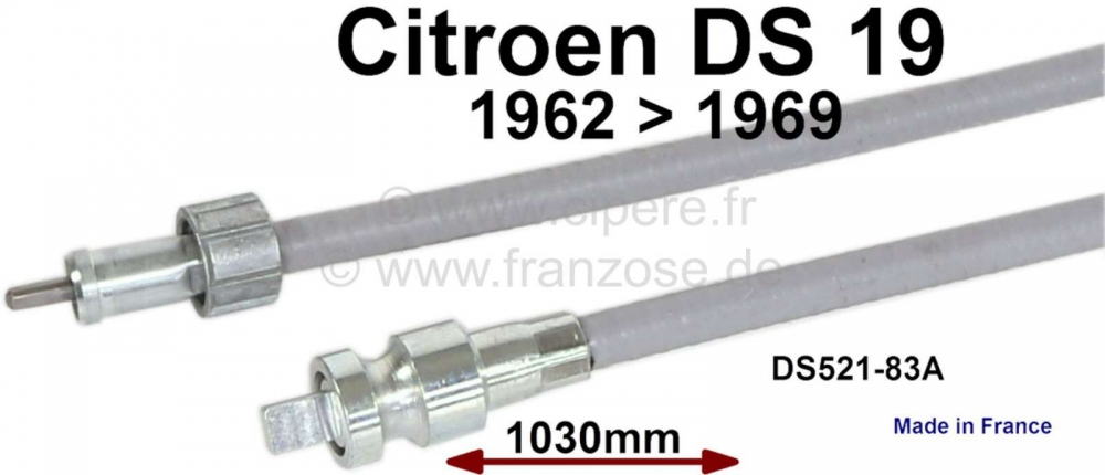 Citroen-DS-11CV-HY - Snelheidsmeter kabel onderzijde. Geschikt voor Citroen DS19, van 1961 tot 1969. 1030mm lan