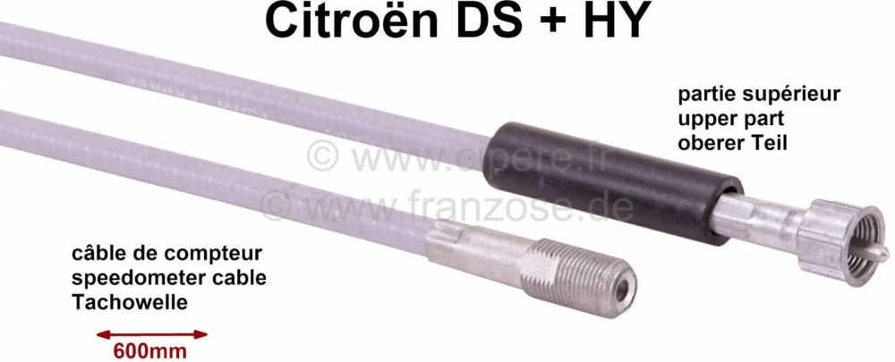 Citroen-DS-11CV-HY - Snelheidsmeter kabel top. Geschikt voor Citroen DS + Citroen HY. Lengte: 600mm. Of. Nr. 2D