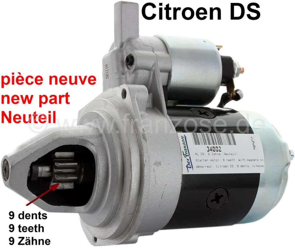 Citroen-DS-11CV-HY - Startmotor, 9 tanden. Met magnetische startschakelaar. Geschikt voor Citroën DS. Hoge rot