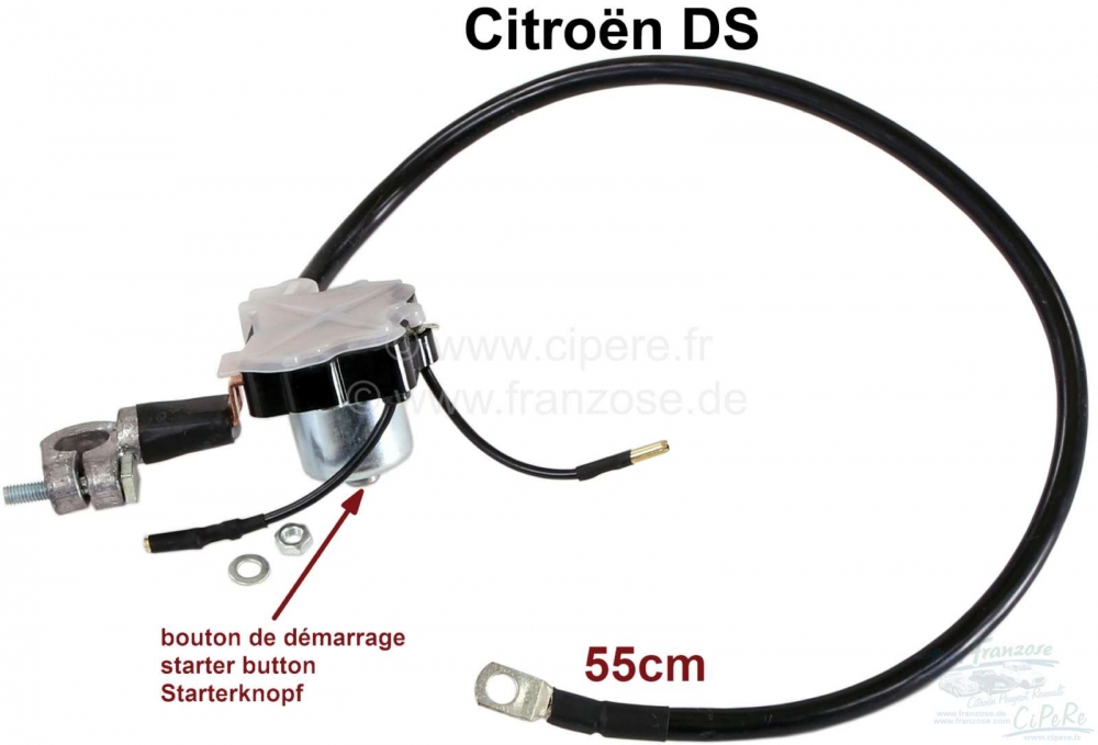 Citroen-DS-11CV-HY - Startrelais met 55 cm kabellengte, gemonteerd op de pluspool van de accu. Geschikt voor Ci