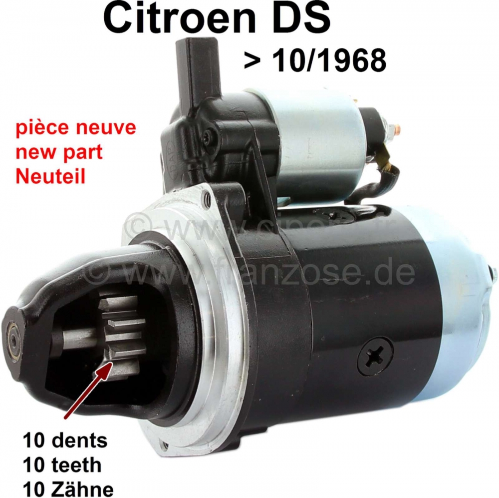 Citroen-DS-11CV-HY - Startmotor voor Citroen DS, 10 tanden, met magneetschakelaar (nieuw onderdeel). Geïnstall