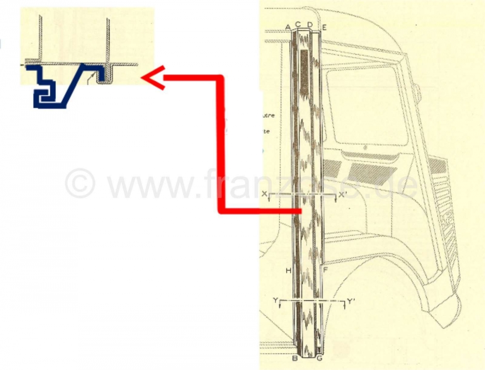 Citroen-DS-11CV-HY - Voorschuifdeurprofiel (schuifdeurstop). Lengte: 50cm. Geschikt voor Citroen HY.