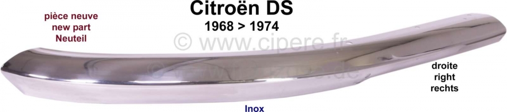 Sonstige-Citroen - Rechter voorbumper (roestvrij staal, zonder beugels). Geschikt voor Citroen DS, van 1967 t