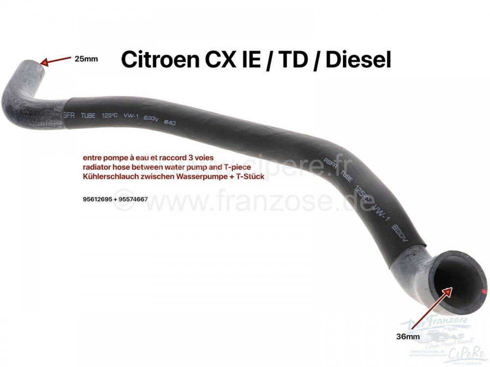 Sonstige-Citroen - CX, radiatorslang tussen waterpomp en T-stuk. Geschikt voor CX IE, CX Diesel (ZR) + Turbo 