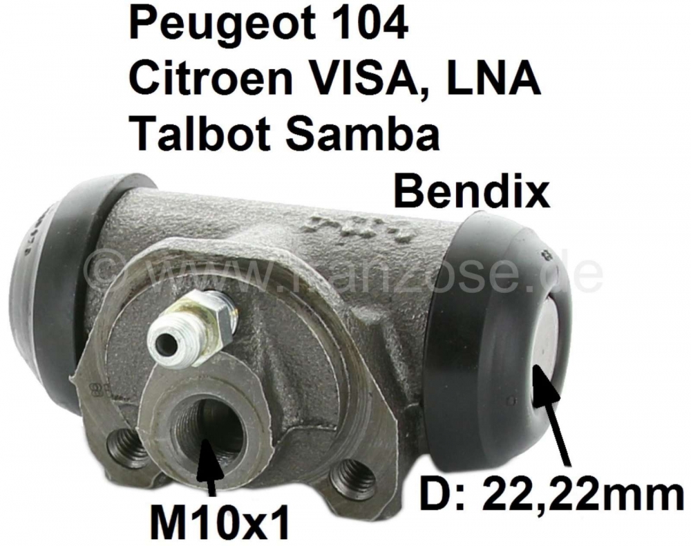 Peugeot - P 104/VISA/SAMBA, wielremcilinder. Remsysteem: Bendix. Zuiger diameter: 22,22mm. Boring an