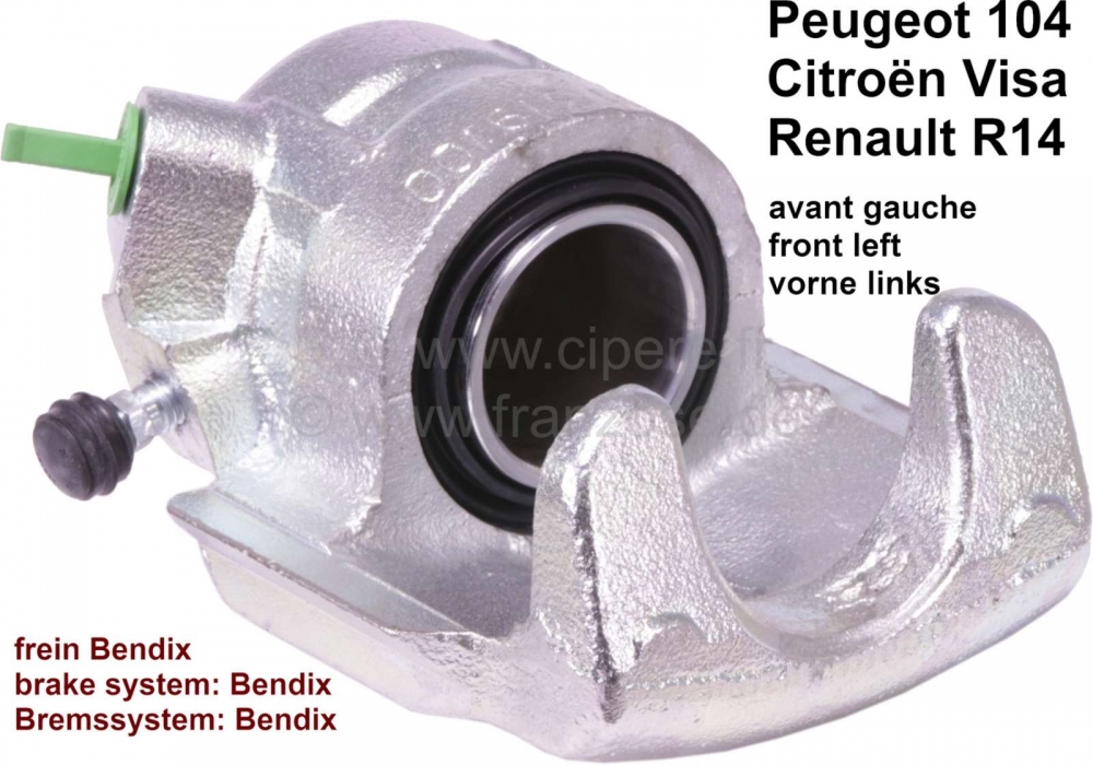 Peugeot - P 104/VISA/R14, remklauw linksvoor (in ruil). Remsysteem: Bendix. Geschikt voor Peugeot 10